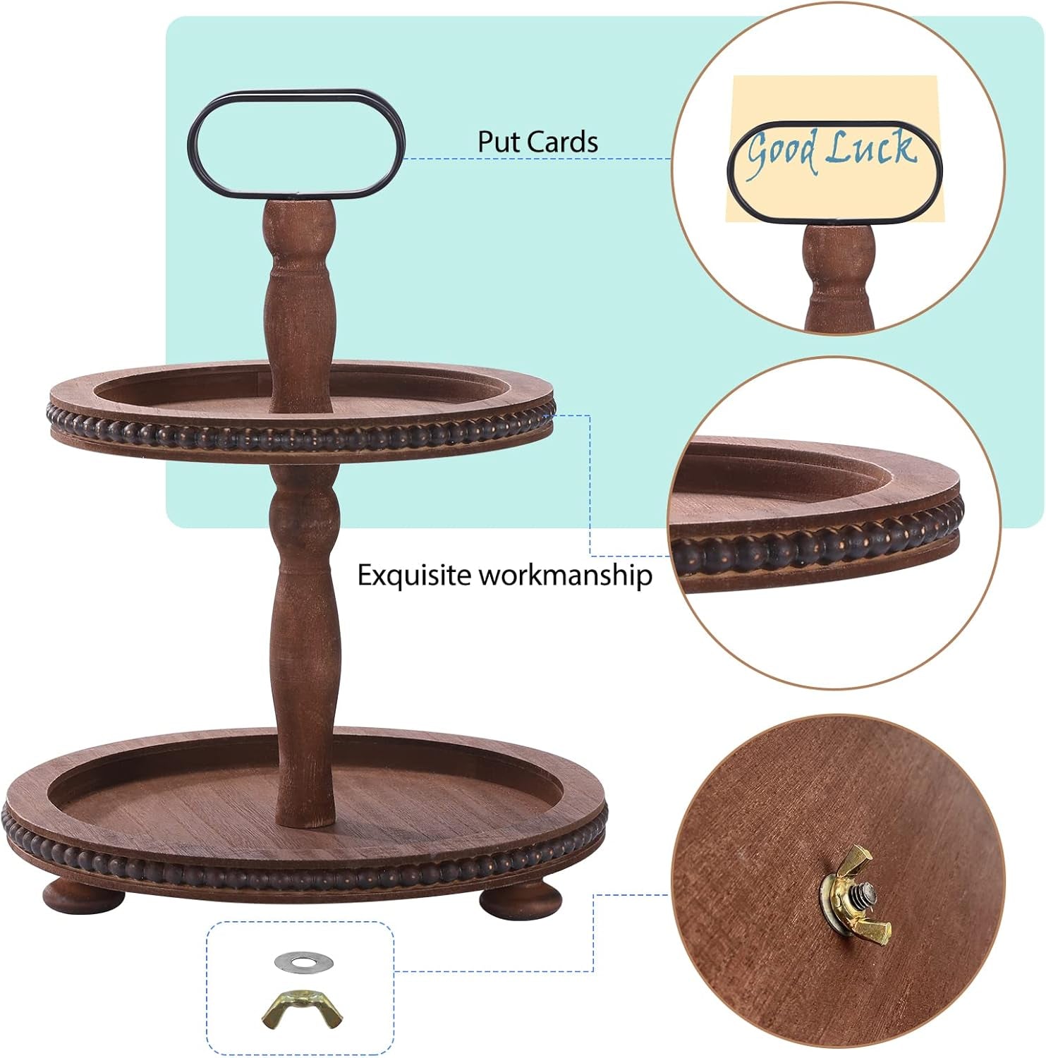 Wooden Decorative Tray Two Tiered Tray Decorations round Serving Tray with Metal Handle, Wooden Cupcake Stand for Party Tiered Dessert Stand - Dark Brown Farmhouse Wood Tray