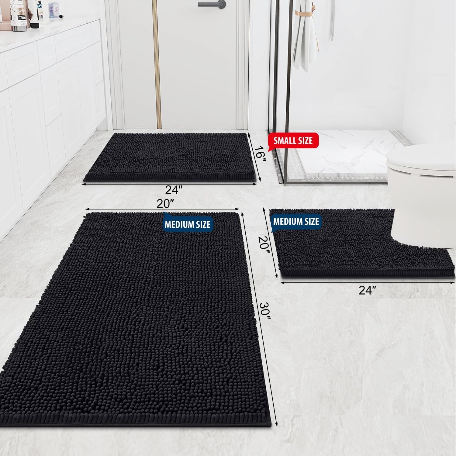 Rectangle Table Cloth 60X84 and Luxury Chenille Bath Rug 24X16,Black