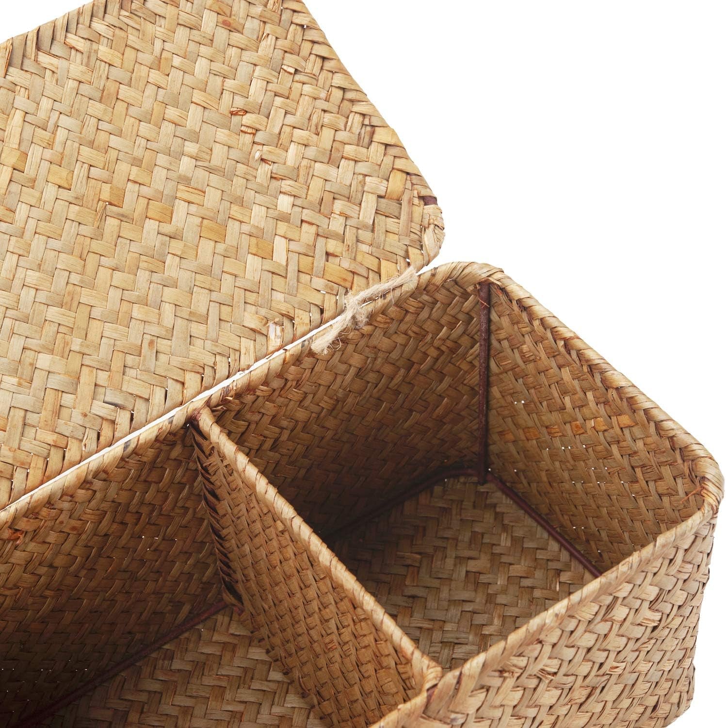Seagrass Storage Basket with Lid Rectangular Small Woven Shelf Baskets with Sections for Organize Snack Toys Tampon