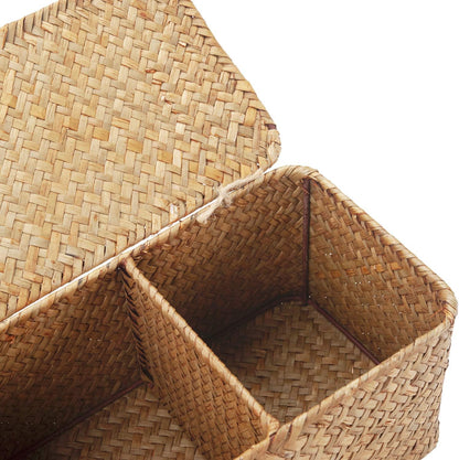 Seagrass Tank Basket with Lid Woven Toilet Roll Storage Basket with Sections Rectangular for Organize Snack Toys Tampon (Large Compartment 16.5Inch L X 5.5Inch W X 5.5Inch H) Natural