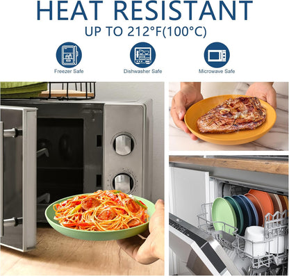 8-Pack 8Inch BPA Free Unbreakable Deep Plastic Plates, Wheat Straw Camping Plates Dishwasher Safe Kitchen Plates Dinnerware Multicolor