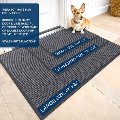 Front Door Mat Indoor Outdoor Entrance, Waterproof Heavy Duty Doormat, Fade Resistant, Low Profile, Easy Clean Patio Porch Welcome Floor Mats for Entry, 29.5X17, Grey