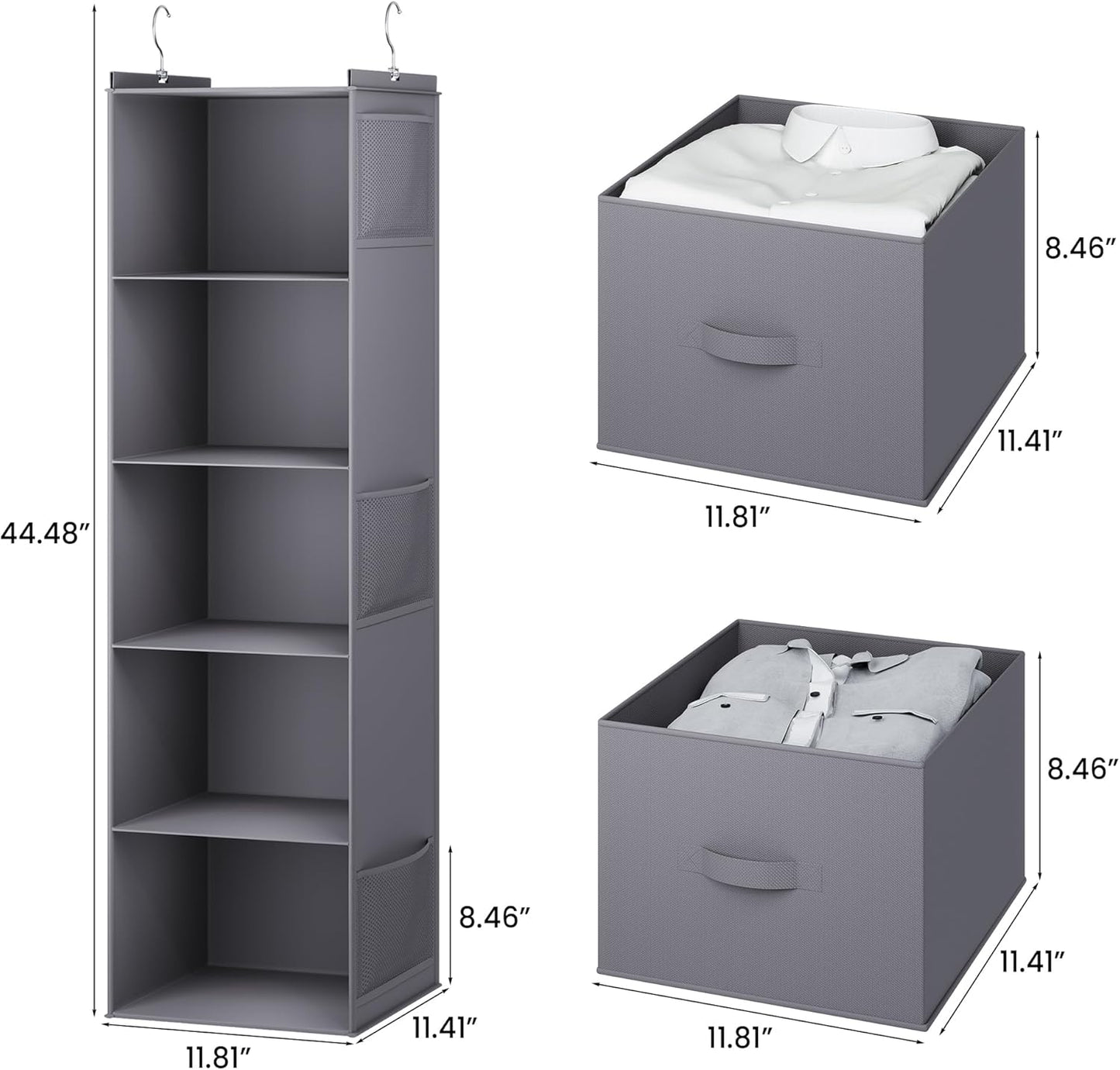 Hanging Closet Organizer, 5 Tier Hanging Closet Shelves with Drawers and 6 Side Pockets, Grey