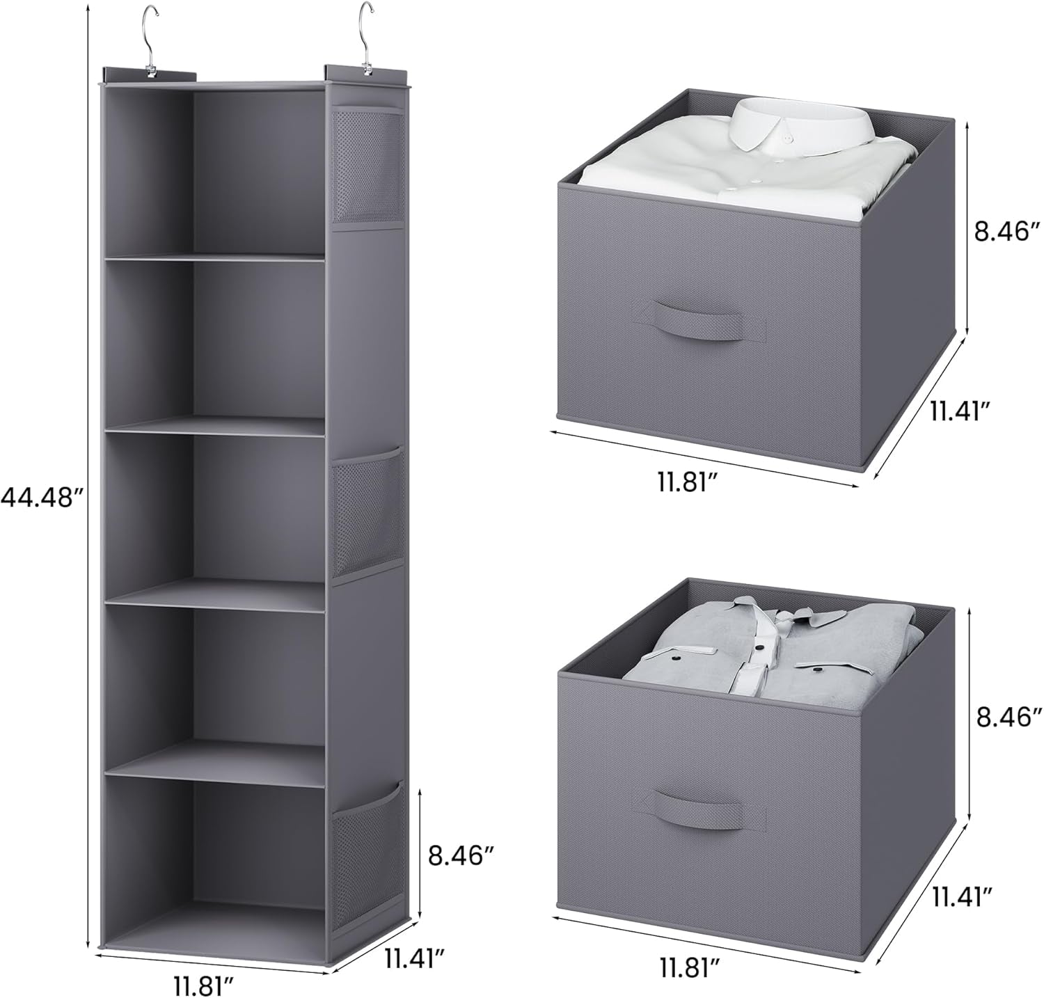 Hanging Closet Organizer, 5 Tier Hanging Closet Shelves with Drawers and 6 Side Pockets, Grey