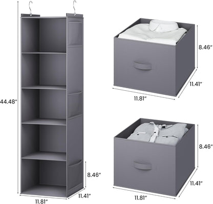 Hanging Closet Organizer, 5 Tier Hanging Closet Shelves with Drawers and 6 Side Pockets, Grey