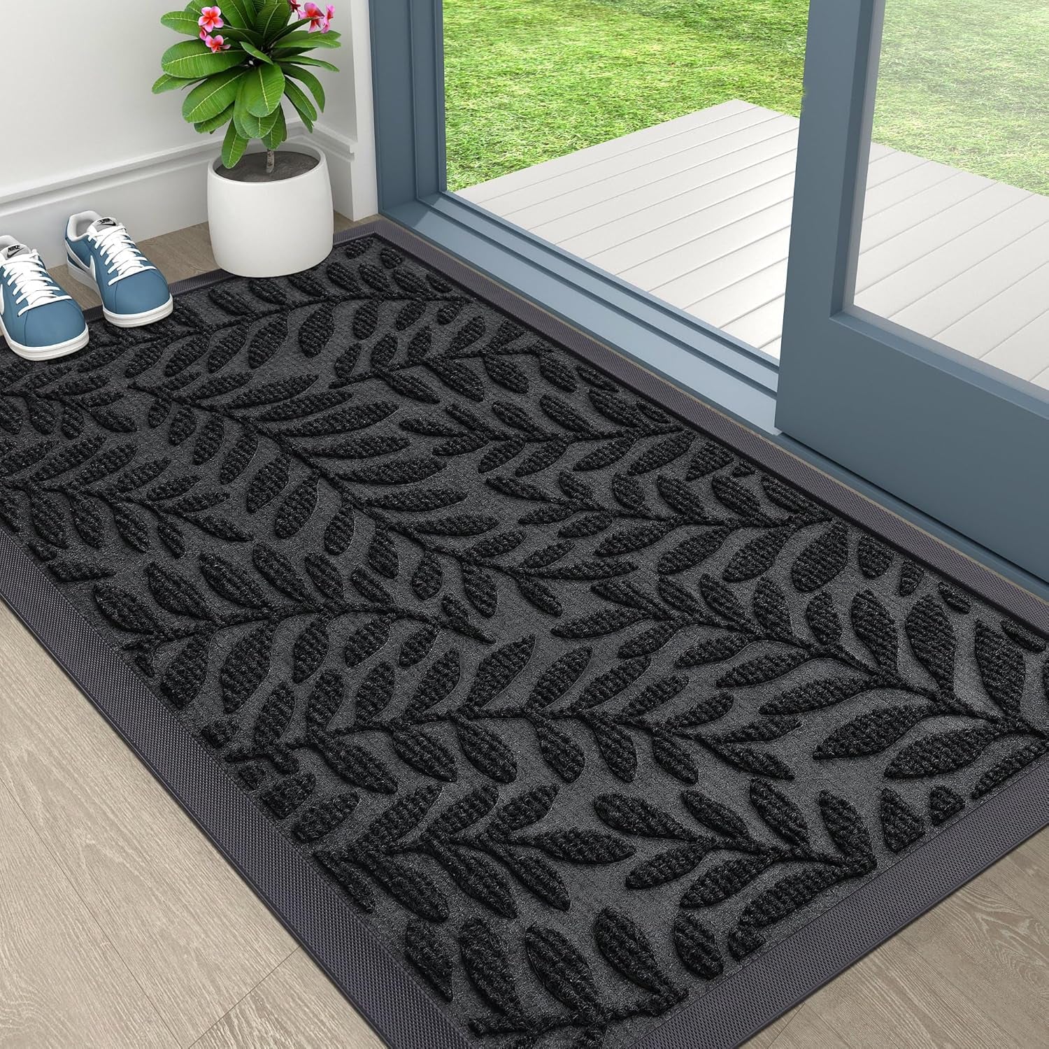 Door Mat Indoor Outdoor Entrance, 29.5X17, Waterproof All-Weather All-Season Doormat, Sturdy Natural Rubber, Stain and Fade Resistant, Low Profile, Easy Clean Patio Entryway Mat, Black