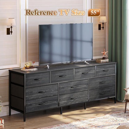 63-Inch Charcoal Black Wood Grain Dresser with 10 Fabric Drawers - Versatile Storage Solution for Bedroom and Living Room, Accommodates 55 to 70 Inch TVs