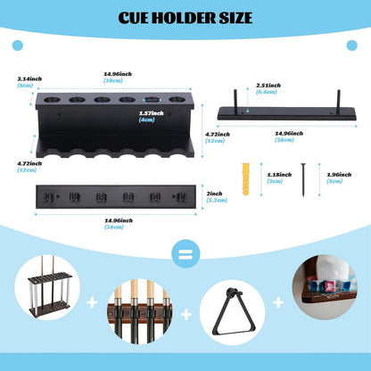 Pool Cue Holder Wall Mounted Pool Stick Holder Pool Table Accessories Pool Cue Rack for 6 Cues Stick Storage Billiards Set Wood