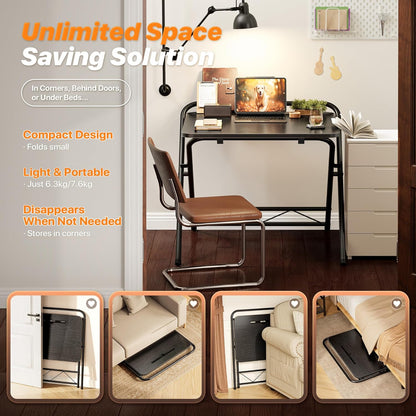 Adjustable Height Folding Desk with Tablet Slot, 24-Inch Space-Saving Computer Desk for Home Office, Bedroom, and Study, Black