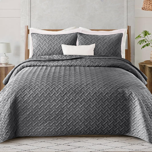 Queen/Full Size Lightweight Soft Quilt Set, 3-Piece Grey Bedspread Coverlet Bedding for All Seasons with Woven Pattern