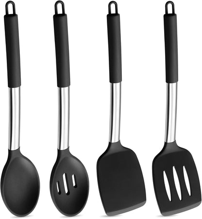 Black Kitchen Cooking Utensil Set of 4, Silicone Solid Spatulas Slotted Spoons Turners for Non-Stick Cookware Flipping Mixing, Heat-Proof