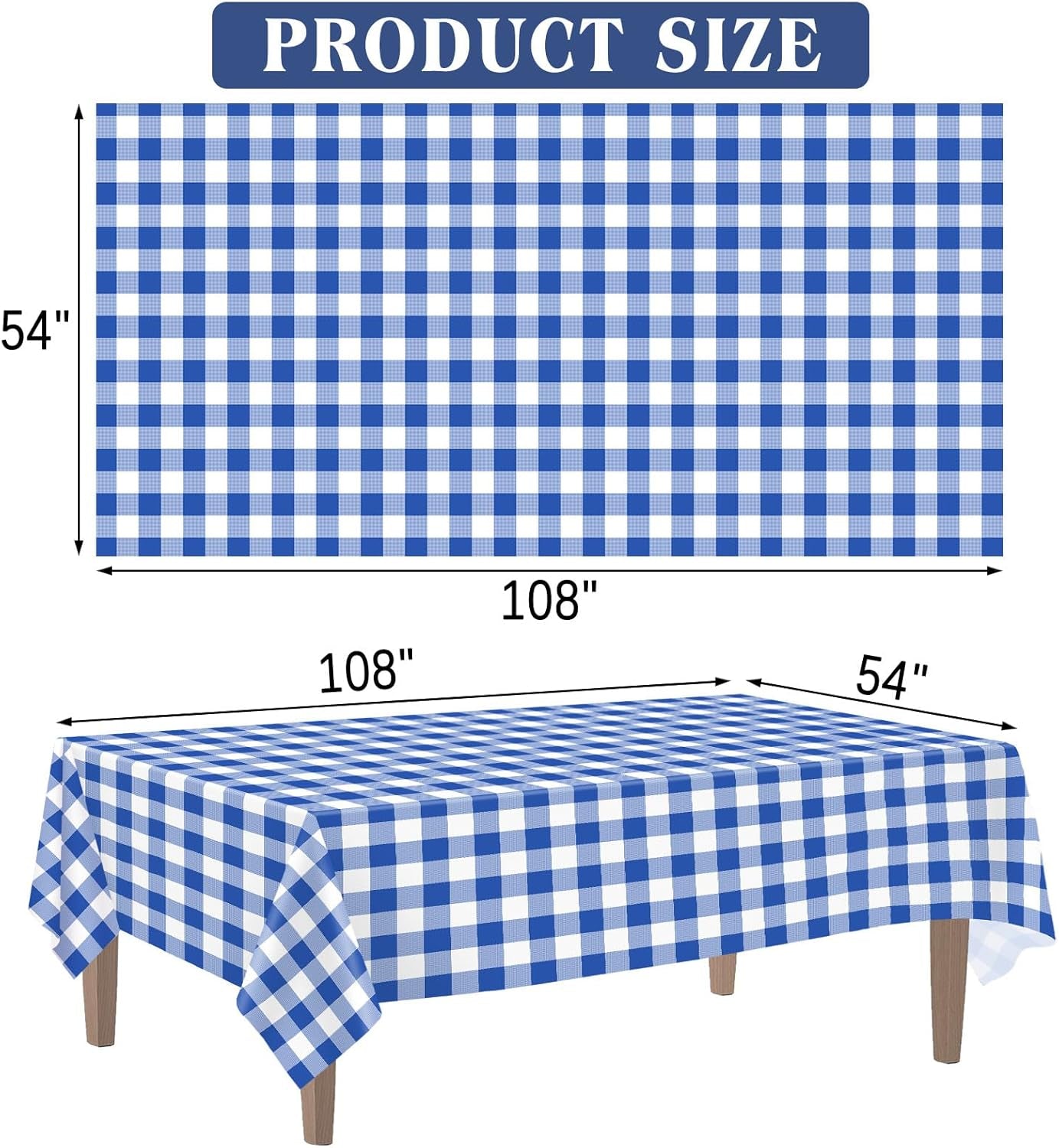 2 Pack Blue Gingham Tablecloth, 54 X 108 Inches Blue and White Checkered Tablecloths Plastic Table Cloth Disposable Picnic Tablecovers for Rectangle Table
