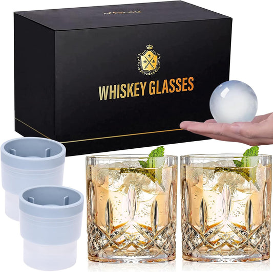 Old Fashioned Whiskey Glasses, Set of 4 (2 Crystal Bourbon Glasses, 2 round Big Ice Ball Molds) in Gift Box - 11 Oz Rocks Glass, Barware for Scotch Cocktail Rum Vodka Liquor, Gifts for Men