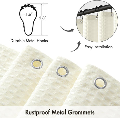 Stall Waffle Weave Fabric Stand up Shower Bath Curtain with 6 Metal Hooks 260GSM Small Heavy Washable Waterproof Narrow Thick Cloth Half Shower Curtains Set for Bathroom Hotel,W36*L72,Ivory