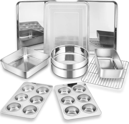 Bakeware Sets of 11,  Stainless Steel Baking Pans Set, Includes Baking Sheets and Rack, Lasagna Pan with Lid, Round/Square Cake Pan, Muffin Pans, Loaf Pan, Reusable & Durable