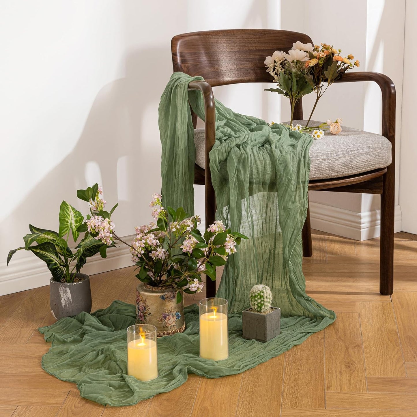 1 Pack Sage Green Cheesecloth Table Runner, 35X120 Inch Boho Rustic Cheese Cloth, Decorative Table Runners for Bridal Baby Shower Decorations or Wedding Table Decorations