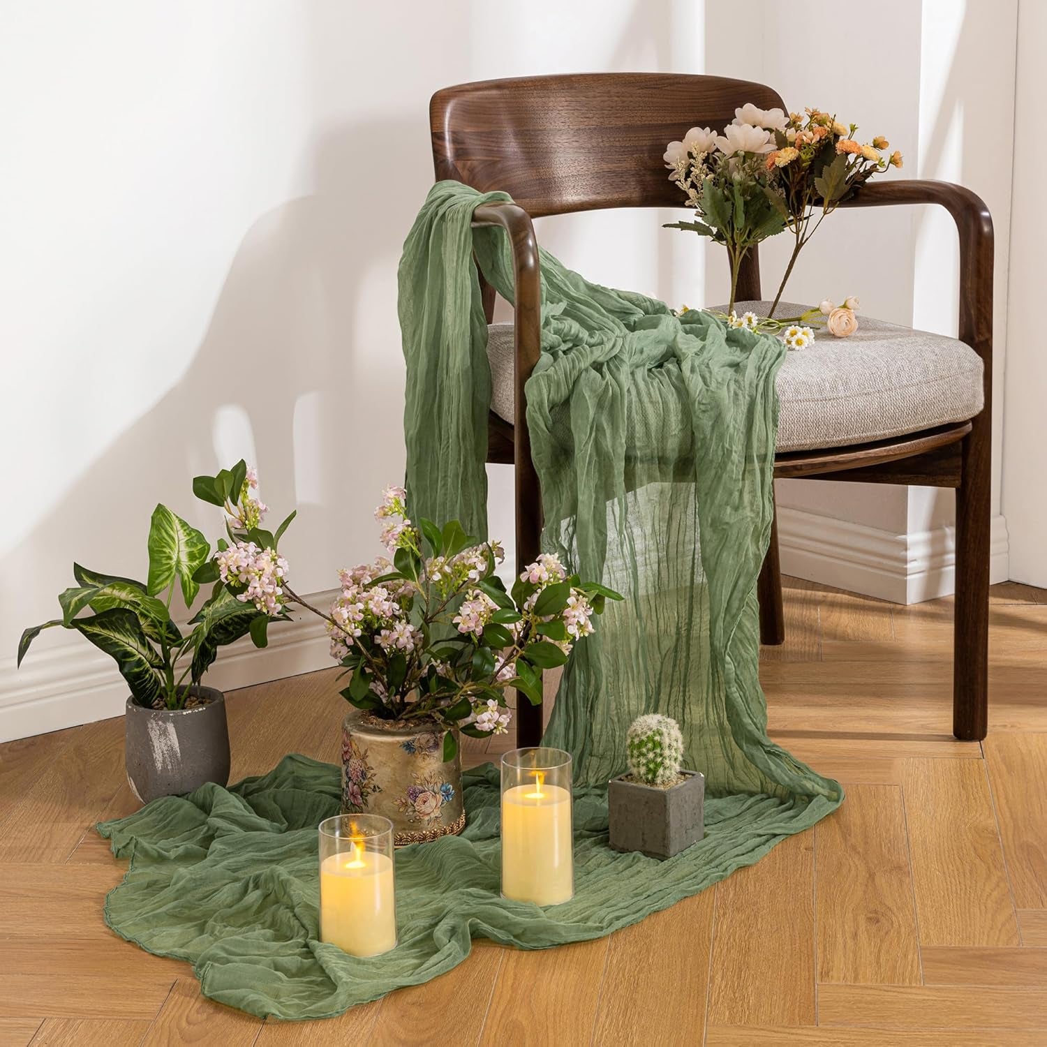 1 Pack Sage Green Cheesecloth Table Runner, 35X120 Inch Boho Rustic Cheese Cloth, Decorative Table Runners for Bridal Baby Shower Decorations or Wedding Table Decorations