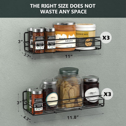 Spice Rack Organizer Wall Mount (6Pack), Hanging Black Spice Pantry Organization Storage Shelf, Farmhouse Seasoning Organizer, Flexible Wall Shelves, Kitchen Essentials Home Decor