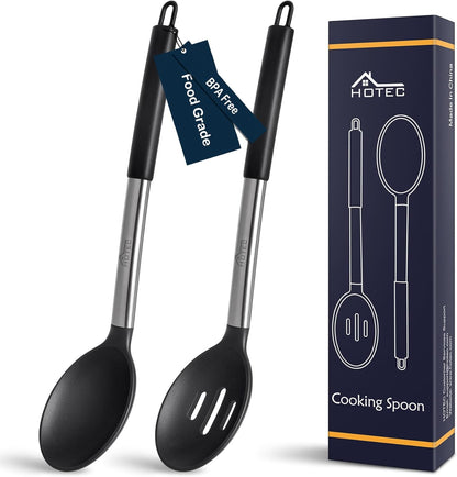 446°F Heat Resistant Large Silicone Cooking Spoon, BPA Free Solid Slotted Spoons, Nonstick Kitchen Cookware Utensils, Mixing, Serving, Stiring Large Spoons, Black