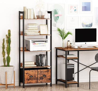 5-Tier Bookshelf, Tall Bookcase with 2 Storage Drawers, Industrial Display Standing Shelf Units, Wood and Metal Storage Shelf for Living Room, Bedroom, Home Office, Rustic Brown