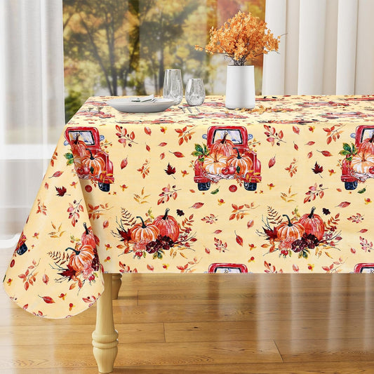 Rectangle Waterproof Vinyl Table Cloth, Wipeable Tablecloth with Flannel Backing, Plastic Table Cover for Fall, Thanksgiving (Pumpkin Truck, 60" X 84")