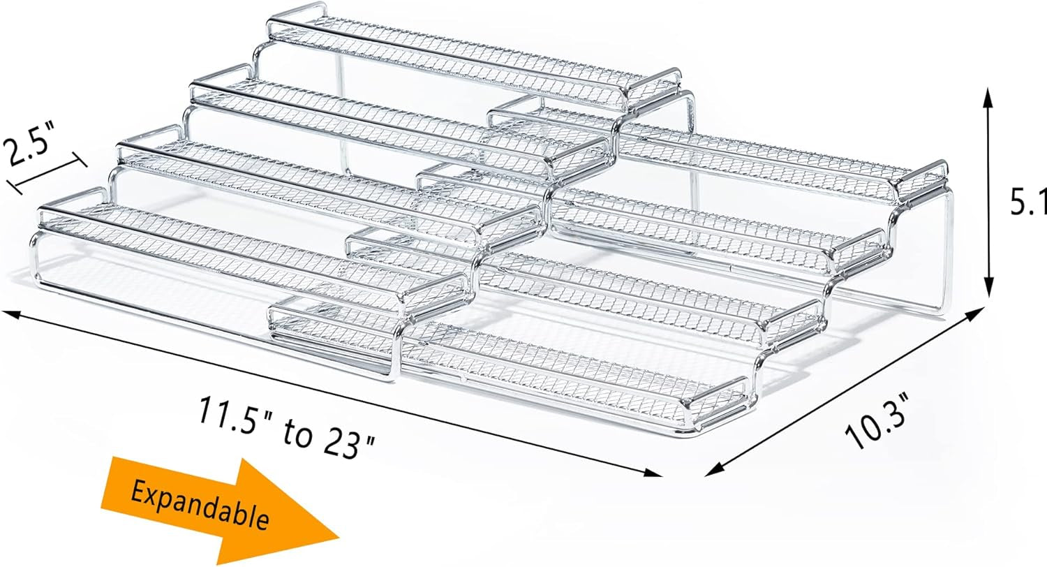 Spice Rack Organizer for Cabinet, 4 Tier Seasoning Organizer, Expandable Shelf,Step Storage Holder, Kitchen Cabinet Countertop,With Protection Railing, Metal (Chrome2 PC)