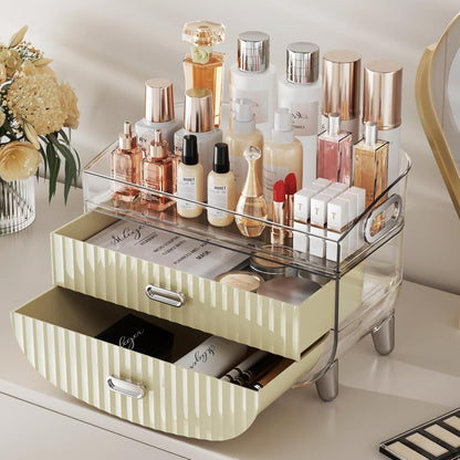 Makeup Organizer with 2 Drawers, Bathroom Storage with Four Non-Slip Feet and Dust-Proof, Simple and Stylish for Desktop, Vanity, Bathroom Countertops, White