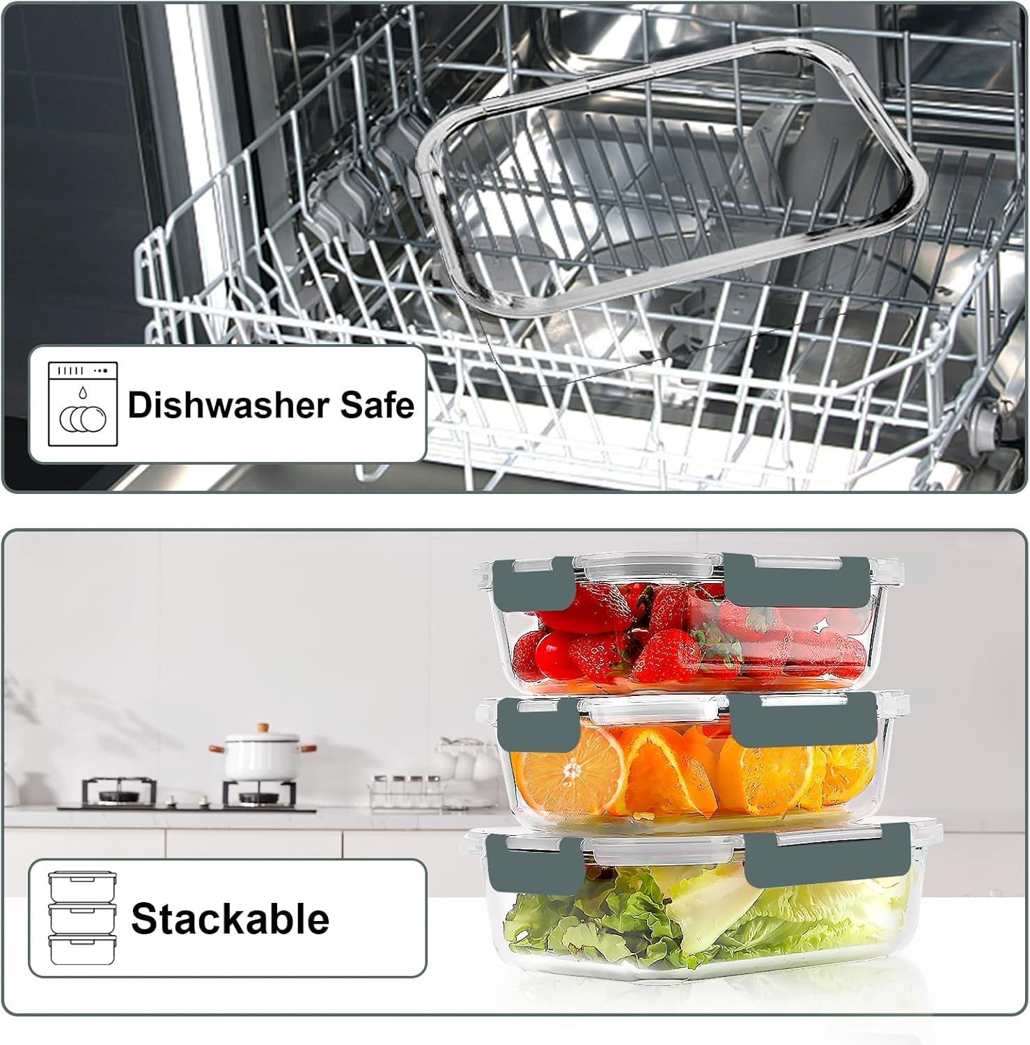 22 OZ Glass Meal Prep Containers Set - 10 Pack, Airtight Glass Lunch Containers with Lids, BPA-Free, Suitable for Microwave, Oven, Freezer & Dishwasher, Grey