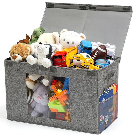 Clear Window Toy Box & Toy Chest with Lid - Large Toy Storage Organizer, Collapsibletoy Bin with Mesh Pockets for Boys, Girls, Playroom,Living Room Area Organization 25"X13" X16" (Linen Gray)