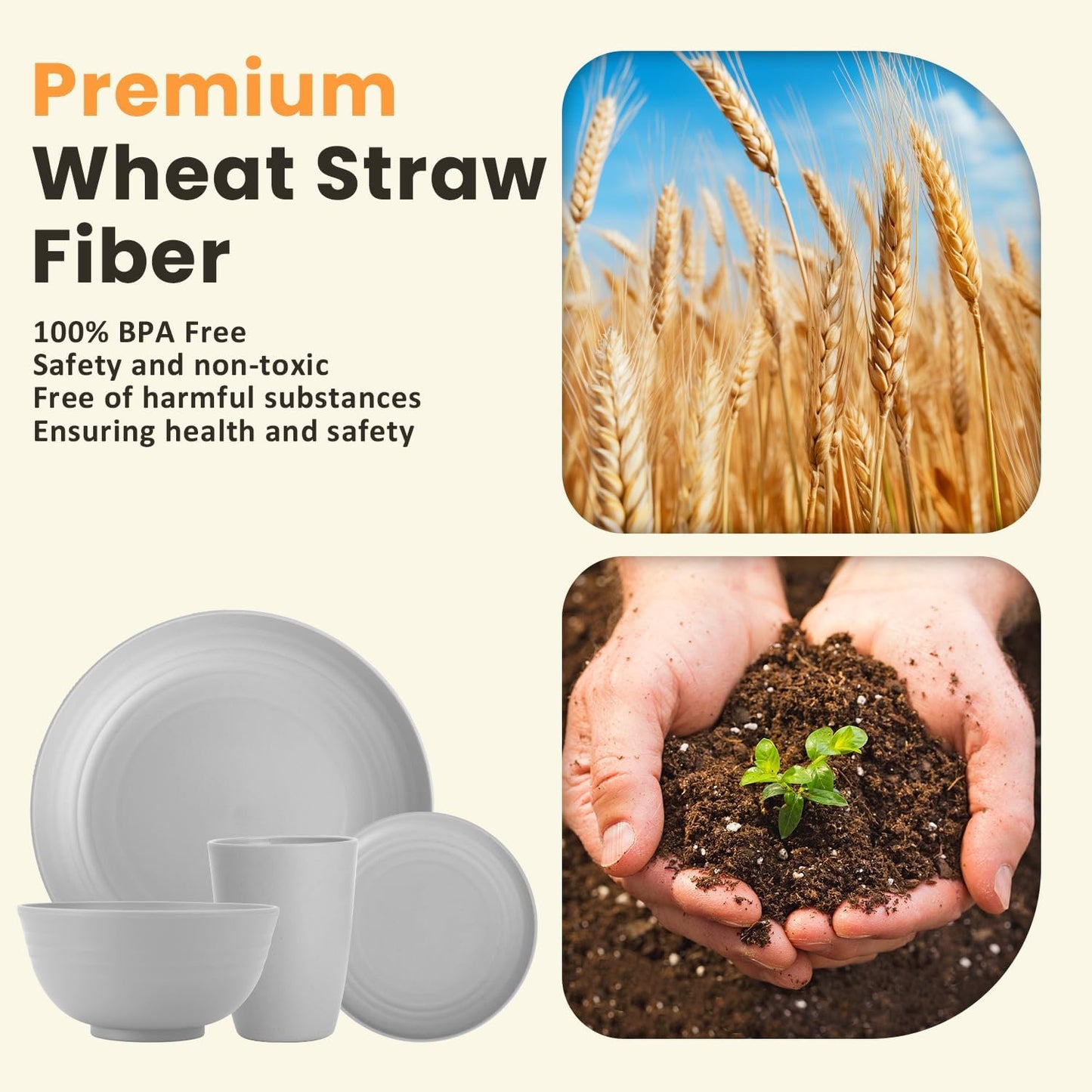 32-Piece Wheat Straw Dinnerware Set for 8 - Unbreakable Grey Plates, Bowls, and Cups, Microwave and Dishwasher Safe, Ideal for Outdoor Camping
