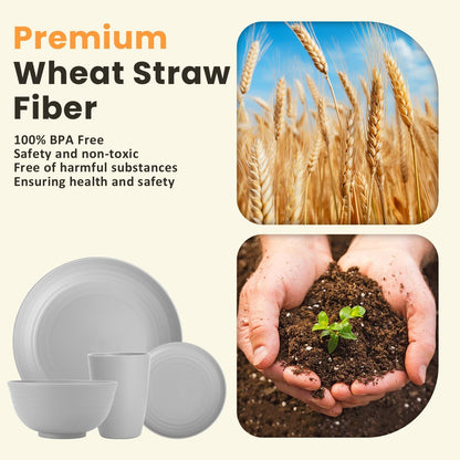 32-Piece Wheat Straw Dinnerware Set for 8 - Unbreakable Grey Plates, Bowls, and Cups, Microwave and Dishwasher Safe, Ideal for Outdoor Camping