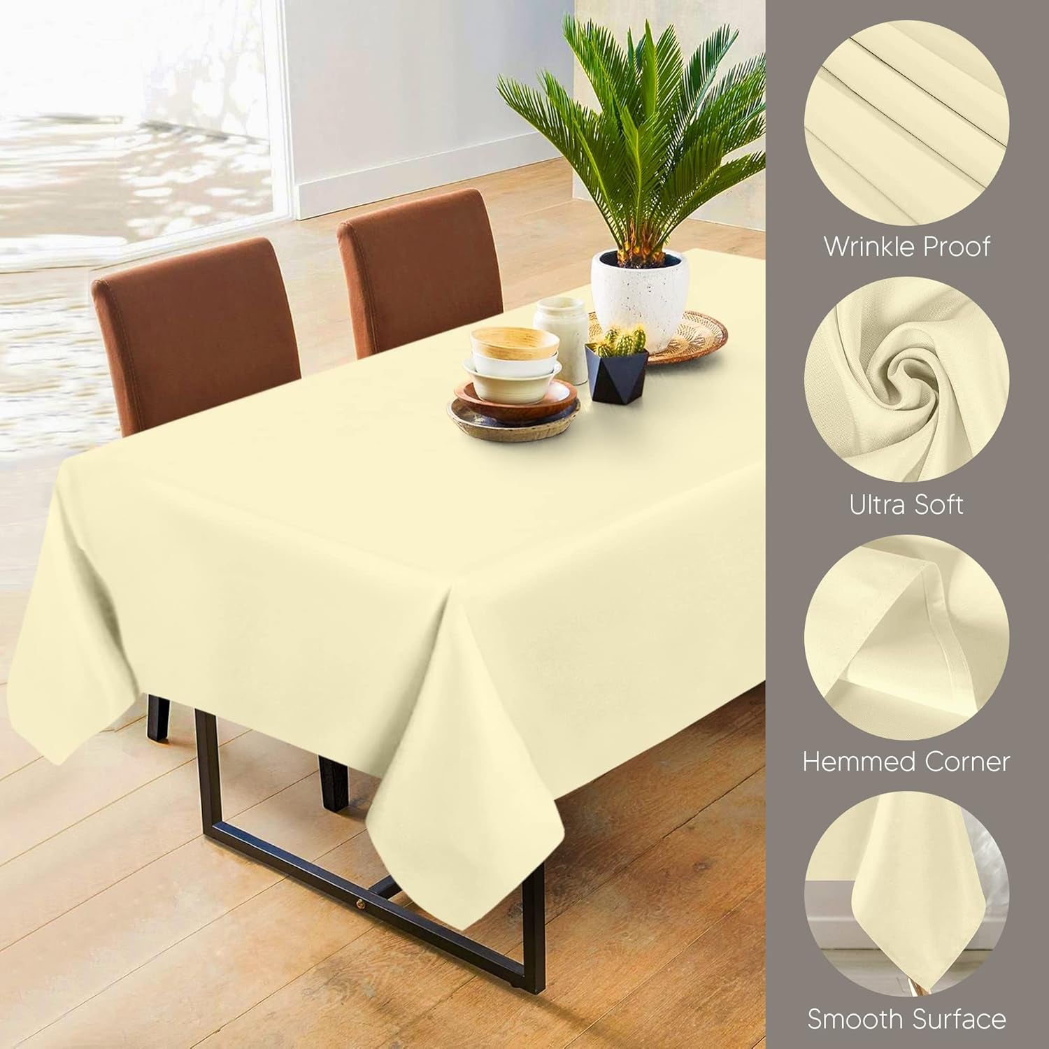 2 Pack 6 Foot Rectangle Table Cloth [60X102 Inches, Ivory] Stain and Wrinkle Resistant Tablecloth Washable Polyester Cover for Dining, Buffet Parties, Picnic and Weddings