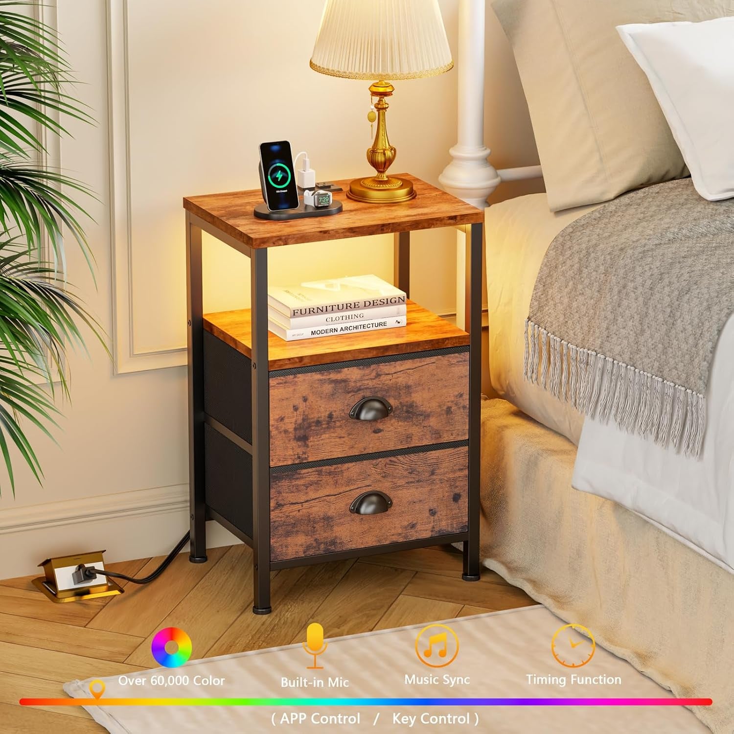 Nightstands Set of 2 Charging Station, End Tables with LED Lights, Nightstands with 2 Fabric Drawers and Shelves, Bedside Tables for Living Room/Bedroom,Rustic Brown