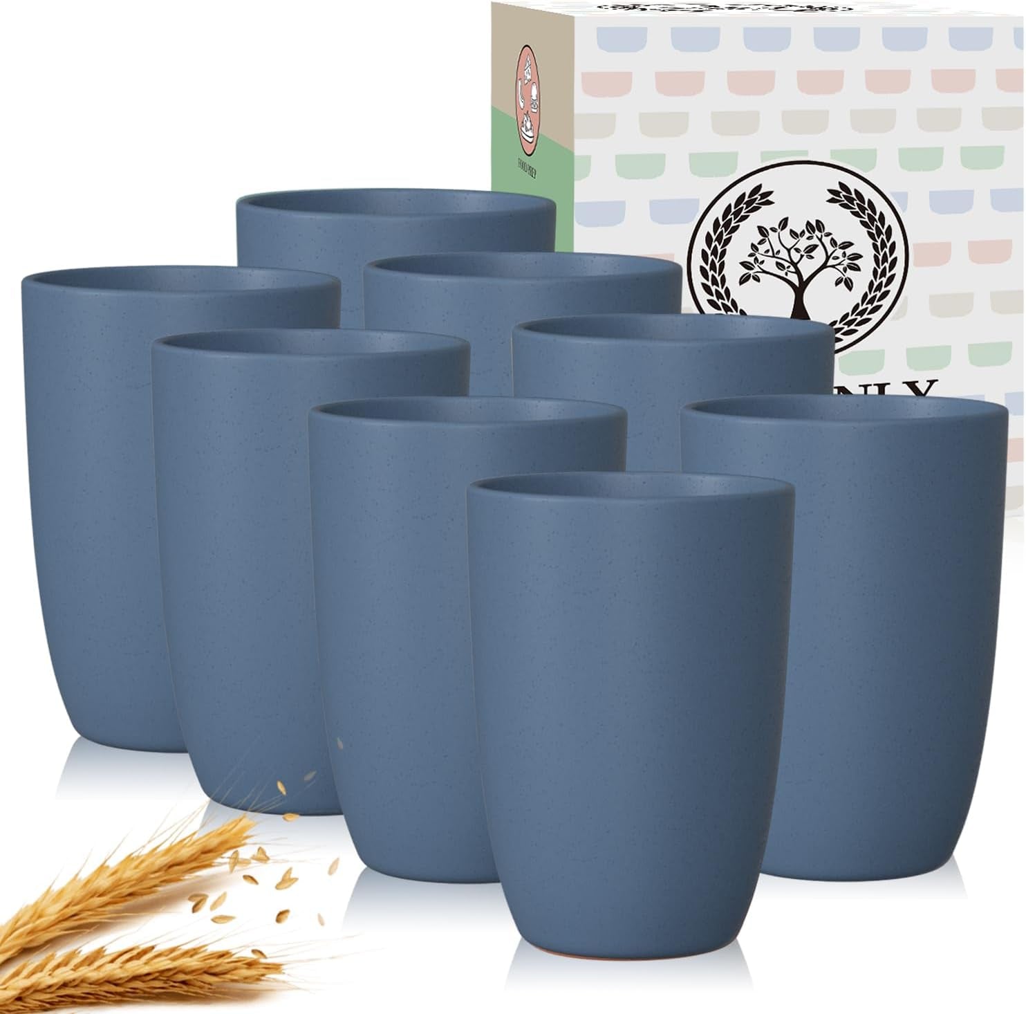 Premium Navy Blue Wheat Straw Drinking Cups - Set of 8, 20 Oz, BPA Free, Dishwasher and Microwave Safe, Durable, Unbreakable, Recyclable