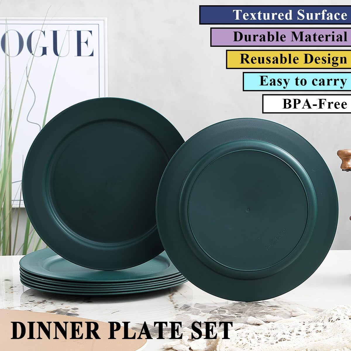 Set of 8 Green Reusable 10" Plastic Plates - Versatile Dinnerware for Home, Garden, Picnic, Camping, and Outdoor Use
