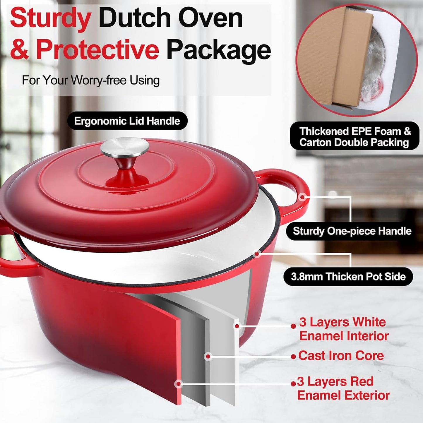 7QT Enameled Dutch Oven, Cast Iron Dutch Oven Pot with Lid for Bread Baking, Enameled Casserole Pot for Roasting Braising Stewing Frying Simmering, Various Stoves & Easy Clean, Red