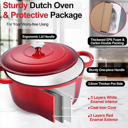 7QT Enameled Dutch Oven, Cast Iron Dutch Oven Pot with Lid for Bread Baking, Enameled Casserole Pot for Roasting Braising Stewing Frying Simmering, Various Stoves & Easy Clean, Red
