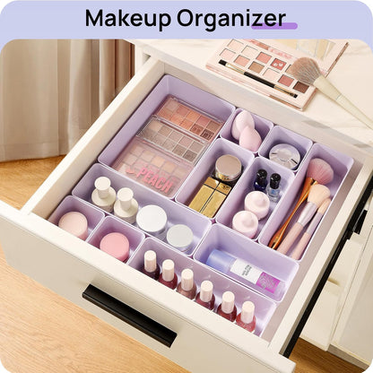 25 PCS Plastic Drawer Organizers Set, 4-Size Versatile Bathroom and Vanity Drawer Organizer Trays, Storage Bins for Makeup, Bedroom, Kitchen Gadgets Utensils and Office