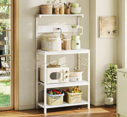 Professional Kitchen Bakers Rack with Power Outlet, 4-Tier Coffee Bar Table, Microwave Stand with 6 S-Shaped Hooks, Storage Shelf for Spices, Pots, and Pans - White