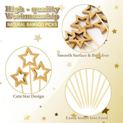 100PCS Gold Star Cocktail Picks, Decorative Fancy Toothpicks for Appetizers, 5.6 in Long Bamboo Skewers Wood Food Sticks for Drinks Fruit Garnish Holiday Party Supplies Charcuterie Boards Accessories