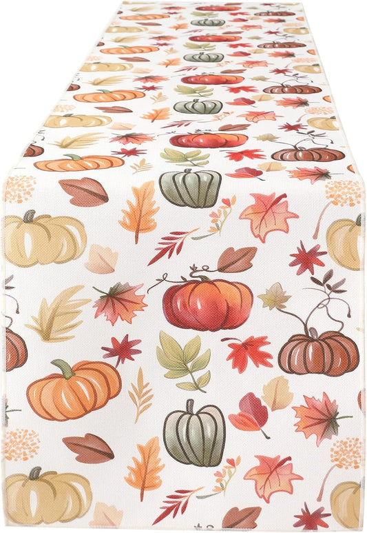 Fall Table Runner for Kitchen Dining Table, Thanksgiving Autumn Printed Harvest Pumpkins Maple Leaves Textured Fabric Halloween Holiday Home Decorations, Water-Proof, Washable, 13" W X 36" L