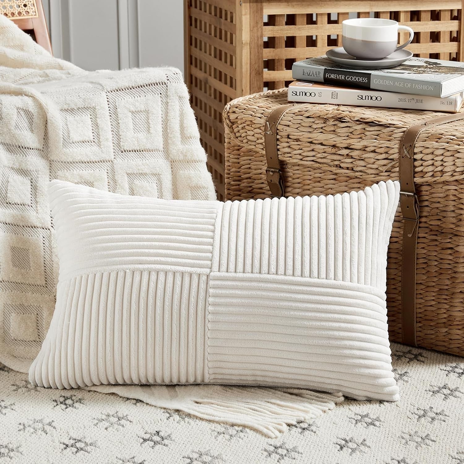 Cream White Lumbar Decorative Throw Pillow Covers 12X20 Inch for Living Room Couch Bed Sofa, Rustic Farmhouse Boho Home Decor, Soft Striped Corduroy Rectangle Accent Cushion Case 30X50 Cm