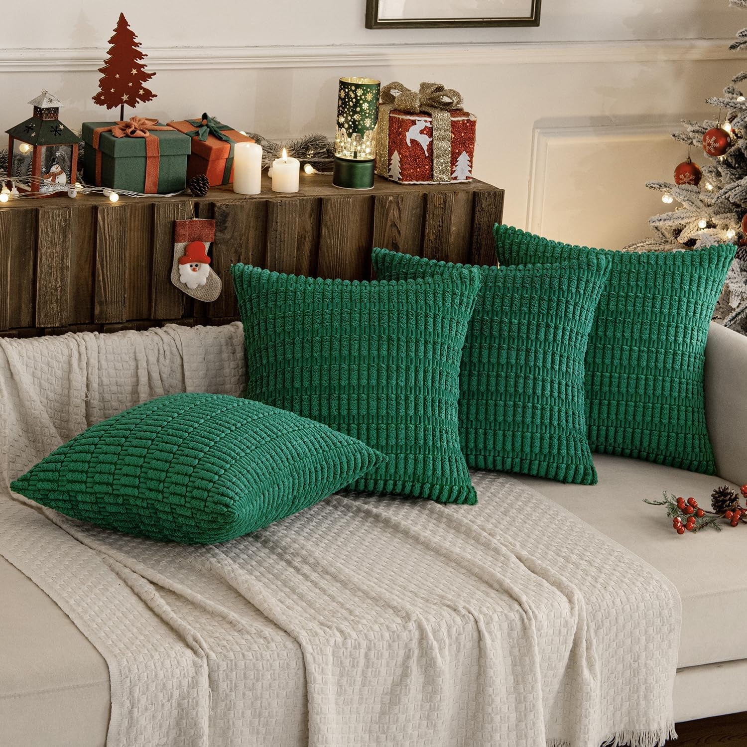 Pack of 4 Forest Green Corduroy Decorative Throw Pillow Covers 18X18 Inch Soft Boho Striped Pillow Covers Modern Farmhouse Home Decor for Sofa Living Room Couch Bed