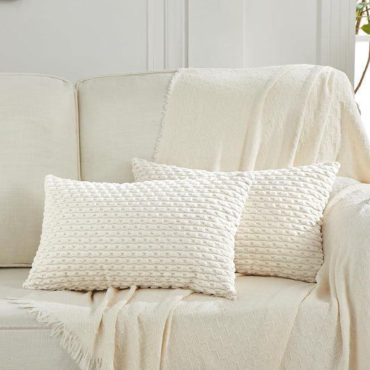 2 Packs Cream Decorative Throw Pillow Covers 12X20 Inch for Couch Bed Sofa, Modern Farmhouse Boho Home Decor, Soft Cute Plush Corduroy Cushion Case 30X50 CM