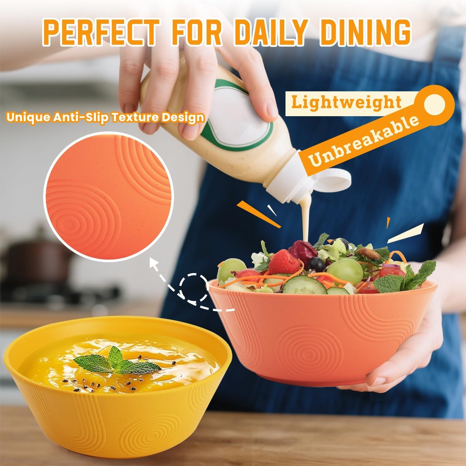 Wheat Straw Bowl Set of 6 - 36oz Textured Cereal and Soup Bowls, Microwave and Dishwasher Safe, Eco-Friendly Alternative for Serving Ramen, Salad, and More
