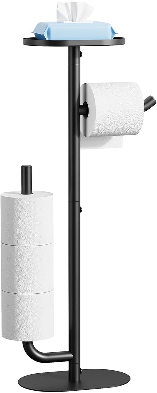 Toilet Paper Holder Stand - Spacious Toilet Paper Storage for 4 Rolls, Rustproof Bathroom Organizers and Storage with Shelf for Phone & Small Items, 9.1"×5.8"×27.6", Black