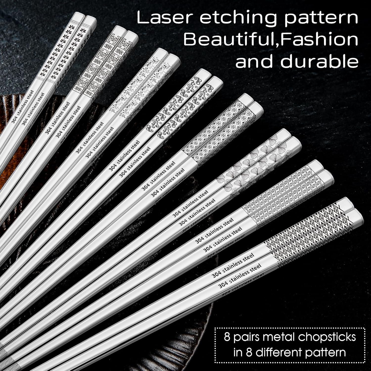 8 Pairs Metal Chopsticks Reusable 18/8 Stainless Steel Chopsticks Set Cute Laser Engraved Non-Slip Japanese Korean Chinese Chopstick for Cooking Eating Dishwasher Safe 9.25" Chop Sticks Gift Set
