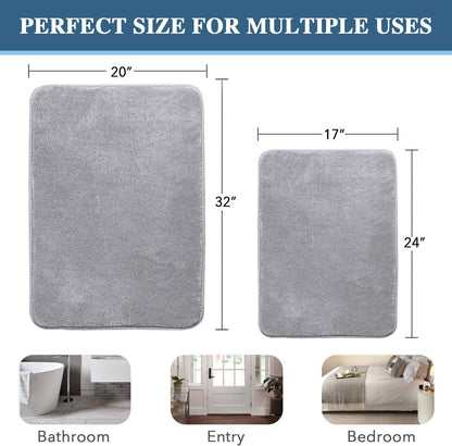 Bath Mat Memory Foam Set Bathroom Rug Set Flannel Velvety Bath Mat Luxury Extra Soft and Absorbent Non Slip Rugs for Bathroom/Bedroom Washable(2 Pack- 20"X 32"/ 17"X 24", Grey)