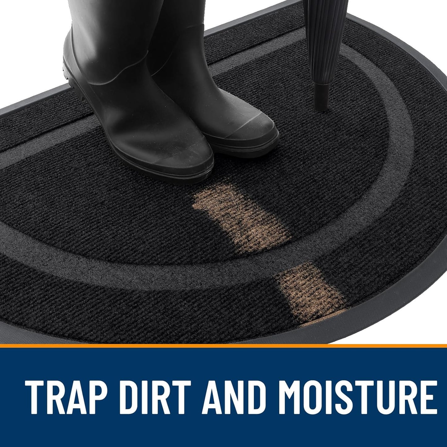 Half Circle Door Mat Indoor Outdoor Entrance Welcome, Waterproof All-Season, All-Weather Doormat, Sturdy Natural Rubber, Low Profile, Easy Clean Patio Porch Entryway Mat, 29.5X17, Black