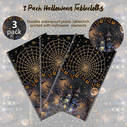 3 Packs Black Halloween Tablecloth 54 X 108 Inches Scary Castle Ghost Pumpkin Table Cloth Disposable Waterproof Plastic Bat Gold Spider Web Table Cover Trick or Treat for Halloween Party Dining